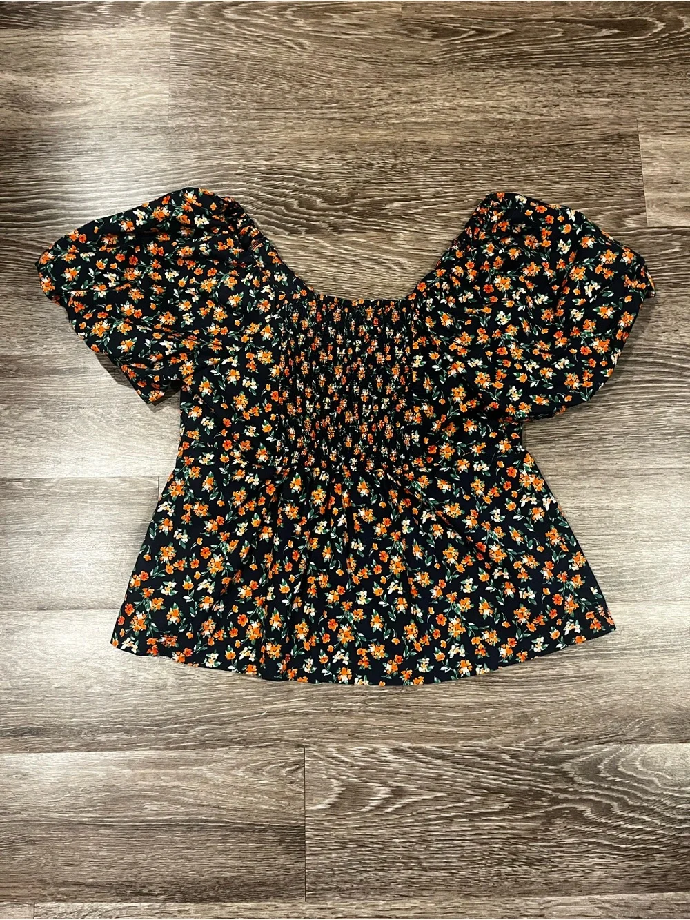 Old Navy Floral Puff- sleeve blouse- Navy with Orange Flowers